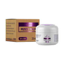 Load image into Gallery viewer, A jar of Ambience CBD Infused 50mg Muscle Balm (30ml) is positioned beside its packaging box. The white jar features a label with the product name and volume, while the brown and purple box clearly indicates that this premium muscle recovery balm contains 50mg of CBD.
