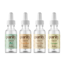 Load image into Gallery viewer, Four glass dropper bottles from the Purity brand are lined up, each containing 1200mg of full-spectrum, high-potency CBD olive oil in a 30ml size. The flavors include Mint, Orange Blossom, Turmeric &amp; Ginger, and Lemongrass. The labels highlight that these tinctures are organic and alcohol-free.
