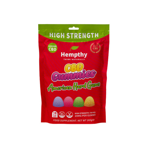 A package of Hempthy 1000mg CBD American Hard Gums Gummies - 50 Pieces, in red and green, boasts 