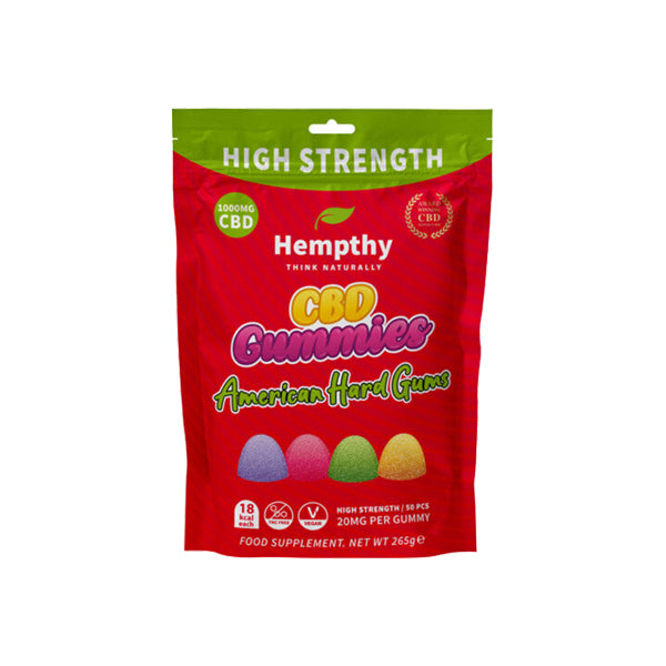 A package of Hempthy 1000mg CBD American Hard Gums Gummies - 50 Pieces, in red and green, boasts 