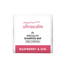 Load image into Gallery viewer, A square white package features the brand name &quot;Ultracalm&quot; in pink at the top. Below it, in black text, are the words &quot;SPECIALITY CBD SHAMPOO BAR&quot; and &quot;100g, CBD 50mg.&quot; Infused with Natural Essential Oils, a pink stripe at the bottom reads &quot;RASPBERRY &amp; GIN,&quot; showcasing its anti-inflammatory properties.
