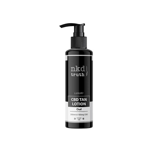 A sophisticated, black bottle of NKD Truth 100mg CBD Oud Tan Lotion by NKD boasts a pump dispenser and a contemporary design. The label proudly displays 