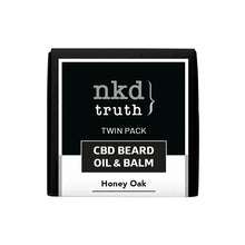 Load image into Gallery viewer, A black rectangular box with a white label, featuring the text &quot;nkd truth TWIN PACK CBD BEARD OIL &amp; BALM Honey Oak&quot; in black and white. The minimalist design is modern and clean, making it an ideal gift set for beard care enthusiasts who appreciate CBD-infused products. The set includes NKD 150mg CBD Twin Pack Honey Oak Beard Oil and Balm from the brand NKD.
