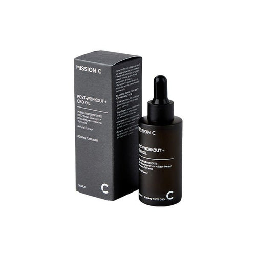 A black dropper bottle of Mission C Post-Workout + 6000mg CBD Oil - 30ml, featuring Broad Spectrum CBD and Third Party Lab Tested certification, stands beside its matching black packaging. The box showcases white text detailing product information, while the bottle has a black dropper cap and white text on the front.